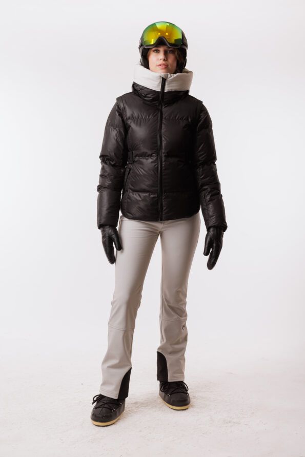 Black ski jacket sustained grey ski pants