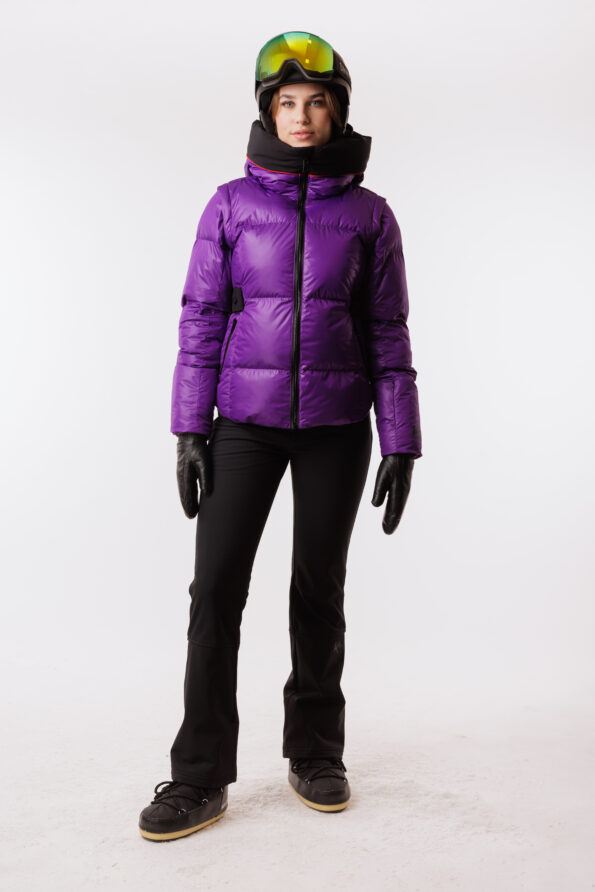 ski jacket purple ski pants black