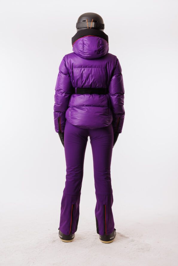 Purple ski jacket purple ski pants back